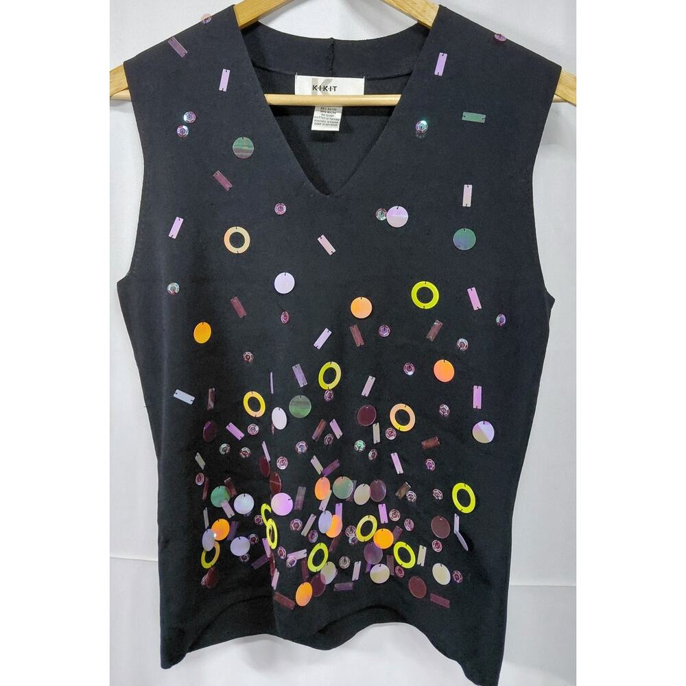 KIKIT Graphic Print Knit Vest Black Sleeveless Women Size M